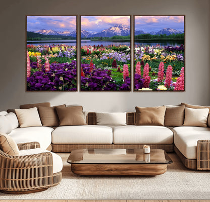 82270-MGV-CV-36X24-Colorful Wildflower Meadow Landscape Wall Art – Snow-Capped Mountain Lake Sunset Print, Vibrant Nature Artwork for Living Room,