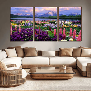 82270-MGV-CV-36X24-Colorful Wildflower Meadow Landscape Wall Art – Snow-Capped Mountain Lake Sunset Print, Vibrant Nature Artwork for Living Room,