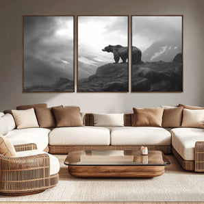 49504-MGV-CV-36X24-Black and White Grizzly Bear Wall Art – Wilderness Wildlife Painting, Rustic Mountain Cabin Decor, Monochrome Animal Print for