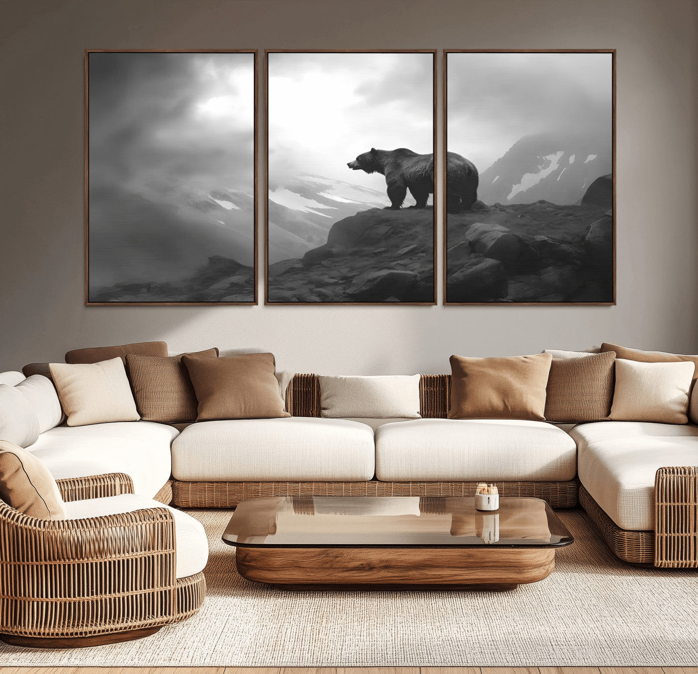 49504-MGV-CV-36X24-Black and White Grizzly Bear Wall Art – Wilderness Wildlife Painting, Rustic Mountain Cabin Decor, Monochrome Animal Print for