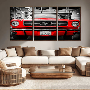 20365-MGV-CV-36X24-Red Classic Ford Mustang Wall Art – Vintage Muscle Car Print with Selective Color, Retro Automotive Decor for Garage, Man Cave,