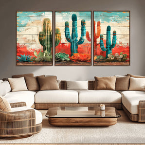 27998-MGV-CV-36X24-Southwestern Cactus Wall Art – Colorful Desert Succulent Print in Turquoise & Orange, Rustic Boho Farmhouse Decor for Living Room,