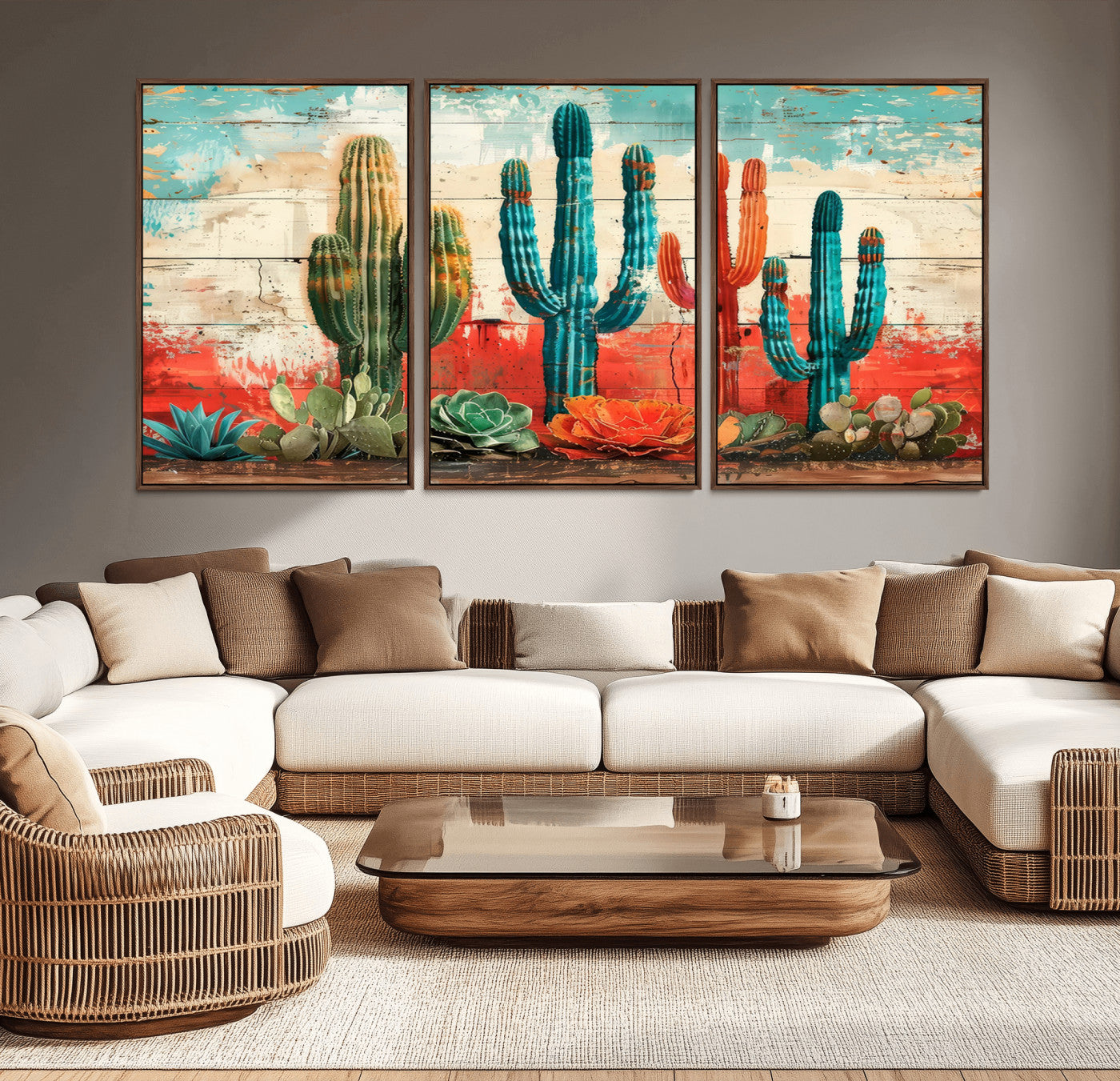 27998-MGV-CV-36X24-Southwestern Cactus Wall Art – Colorful Desert Succulent Print in Turquoise & Orange, Rustic Boho Farmhouse Decor for Living Room,