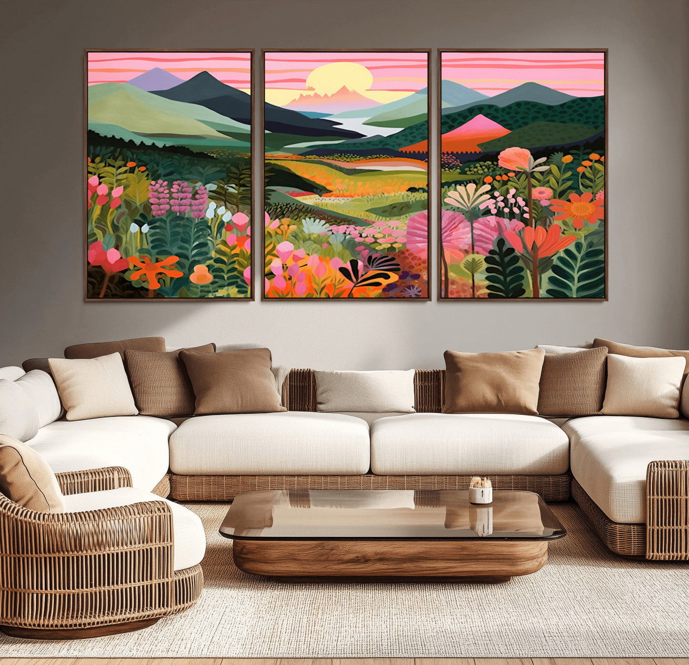 99638-MGV-CV-36X24-Sunset Meadow Wall Art – Panoramic Mountain Landscape with Wildflowers Canvas Print, Vibrant Nature Decor for Living Room, Bedroom
