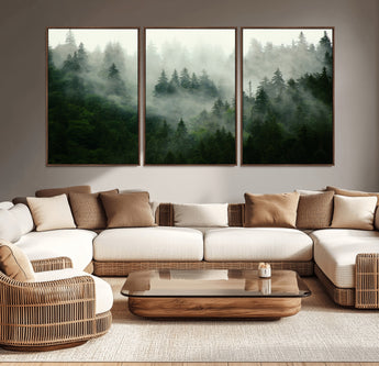 167720496-MGV-CV-36X24-Misty Forest Wall Art – Serene Evergreen Trees Canvas Print, Foggy Mountain Nature Landscape Decor for Bedroom, Living Room or