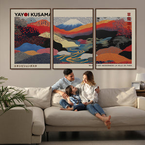 49228-MGV-FC-93X47-3P_Black-Kusama Wall Art – Vibrant Japanese Landscape Canvas Print, Modern Abstract Mountain and River Decor for Living Room, Office or Art