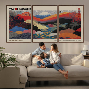 49228-MGV-FC-93X47-3P_Black-Kusama Wall Art – Vibrant Japanese Landscape Canvas Print, Modern Abstract Mountain and River Decor for Living Room, Office or Art