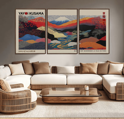 49228-MGV-FC-93X47-3P_Black-Kusama Wall Art – Vibrant Japanese Landscape Canvas Print, Modern Abstract Mountain and River Decor for Living Room, Office or Art