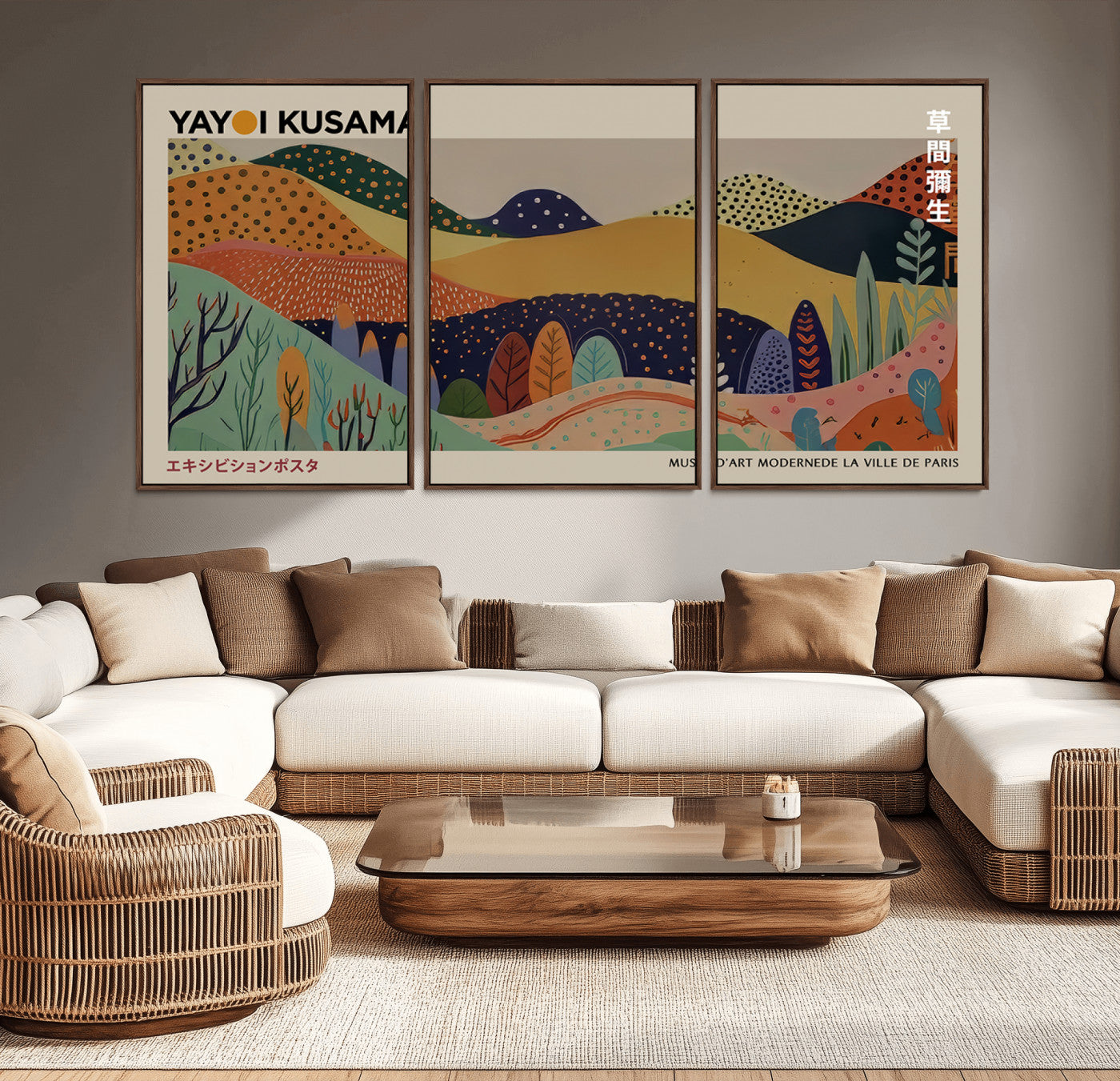 11242-MGV-CV-36X24-Kusama Wall Art – Abstract Colorful Hills Canvas Print, Modern Japanese Inspired Landscape Poster for Living Room, Office or