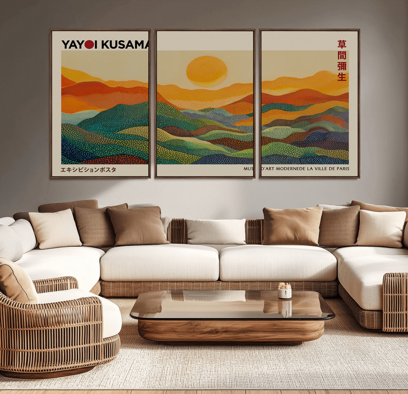 64995-MGV-CV-36X24-Kusama Inspired Wall Art – Golden Sunset Abstract Landscape Canvas Print, Modern Colorful Mountain Horizon Artwork for Home or
