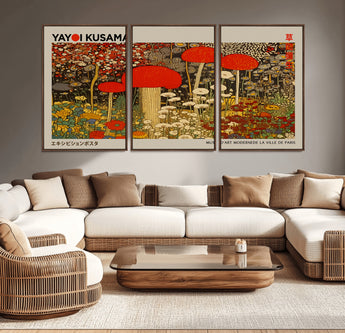 38013-MGV-CV-36X24-Yayoi Kusama Inspired Mushroom Garden Wall Art – Whimsical Botanical Canvas Print, Surreal Nature Poster, Fantasy Floral Artwork