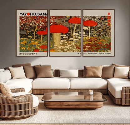 38013-MGV-CV-36X24-Yayoi Kusama Inspired Mushroom Garden Wall Art – Whimsical Botanical Canvas Print, Surreal Nature Poster, Fantasy Floral Artwork