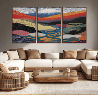 22313-MGV-CV-36X24-Yayoi Kusama Wall Art – Abstract Mount Fuji Landscape Canvas Print, Vibrant Japanese Nature Scene with River, Mountains and Sky