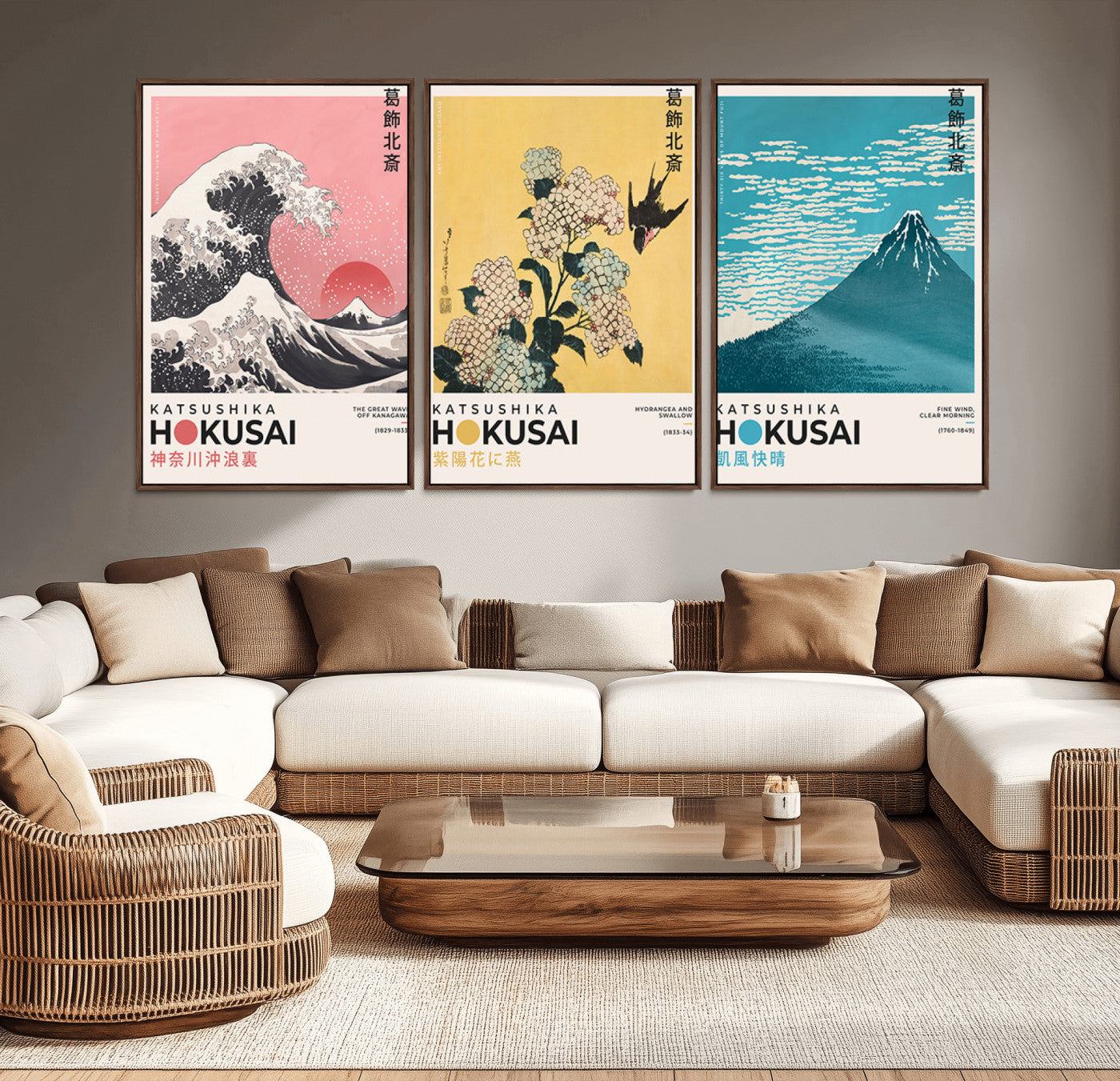 Katsushika-MGV-CV-36X24-Katsushika Hokusai Wall Art Set – The Great Wave, Hydrangea and Swallow, Fine Wind Canvas Prints, Japanese Ukiyo e Style Home and