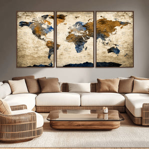 51140-MGV-CV-36X24-Vintage World Map Wall Art – Rustic Blue and Brown Canvas Print, Large Travel Map Decor for Office, Study, Classroom or Living