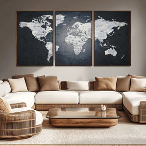 19124-MGV-CV-36X24-Modern World Map Wall Art – Black and White Canvas Print, Minimalist Global Map Decor for Office, Study, Bedroom or Living Room