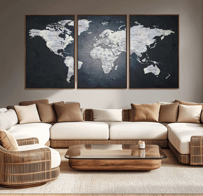 19124-MGV-CV-36X24-Modern World Map Wall Art – Black and White Canvas Print, Minimalist Global Map Decor for Office, Study, Bedroom or Living Room