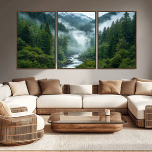 69453-MGV-CV-36X24-Mountain Forest Wall Art – Misty River and Evergreen Landscape Canvas Print, Nature Photography Poster for Living Room, Bedroom,