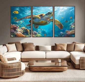 37623-MGV-CV-36X24-Sea Turtle Wall Art – Underwater Ocean Canvas Print with Coral Reef and Tropical Fish, Marine Life Painting Poster for Living