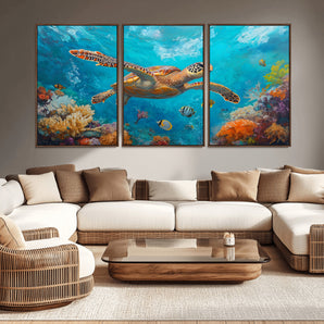94986-MGV-CV-36X24-Sea Turtle Wall Art – Colorful Ocean Reef Canvas Print, Underwater Marine Life Painting Poster with Coral and Tropical Fish for
