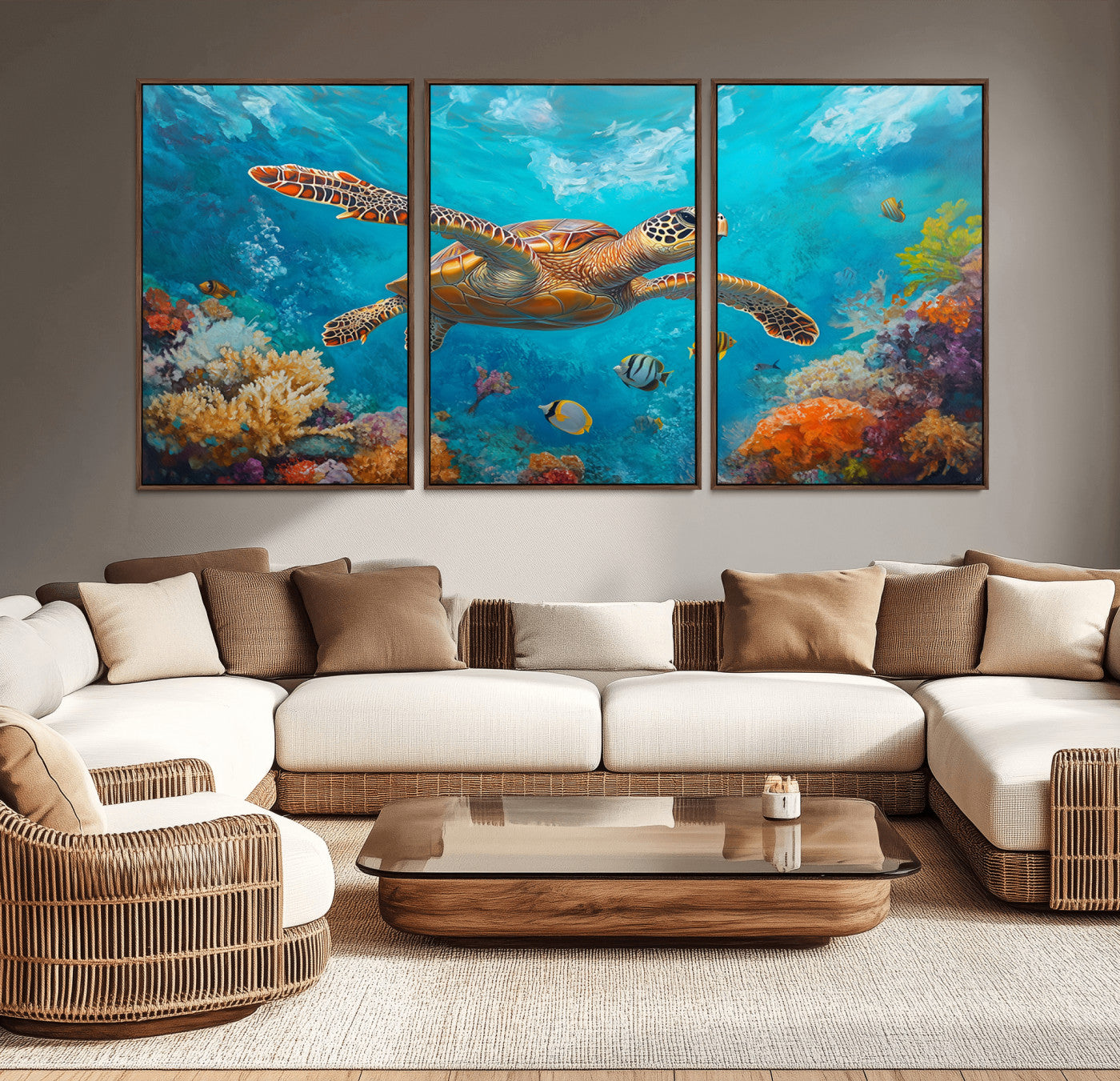 94986-MGV-CV-36X24-Sea Turtle Wall Art – Colorful Ocean Reef Canvas Print, Underwater Marine Life Painting Poster with Coral and Tropical Fish for