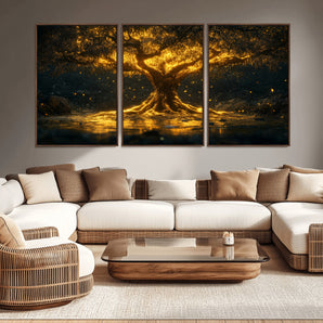 59580-MGV-CV-36X24-Glowing Tree Wall Art – Golden Fantasy Nature Canvas Print, Mystical Illuminated Tree Painting Poster for Living Room, Bedroom,