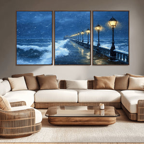 32668-MGV-CV-36X24-Stormy Pier Wall Art – Ocean Waves and Street Lamps Canvas Print, Rainy Night Seascape Oil Painting Poster for Living Room,