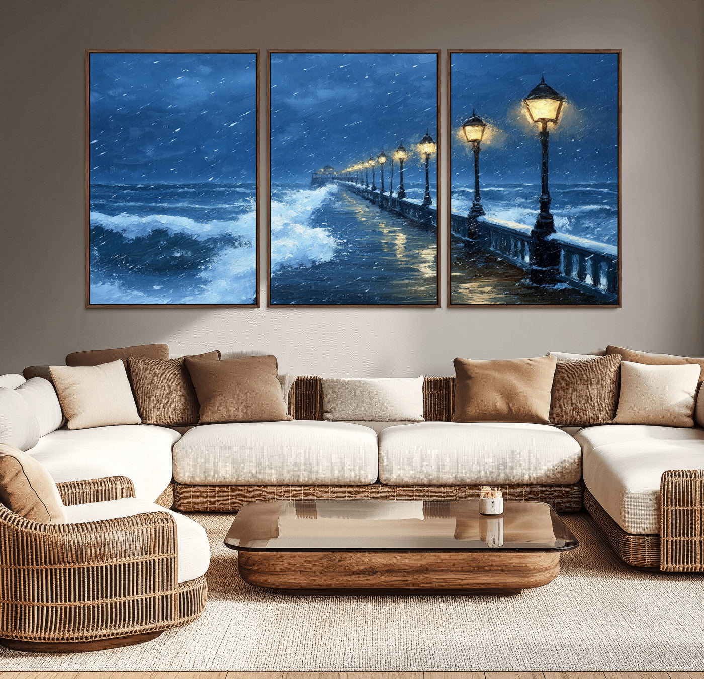 32668-MGV-CV-36X24-Stormy Pier Wall Art – Ocean Waves and Street Lamps Canvas Print, Rainy Night Seascape Oil Painting Poster for Living Room,