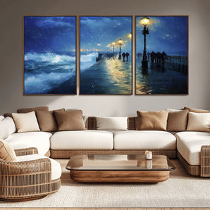 76572-MGV-CV-36X24-Stormy Night Pier Wall Art – Ocean Waves and Street Lamps Canvas Print, Rainy Seascape Oil Painting Poster for Living Room,