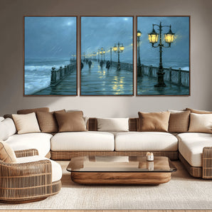 79606-MGV-CV-36X24-Rainy Pier Night Wall Art – Ocean Waves and Street Lamps Canvas Print, Moody Seascape Oil Painting Poster for Living Room,