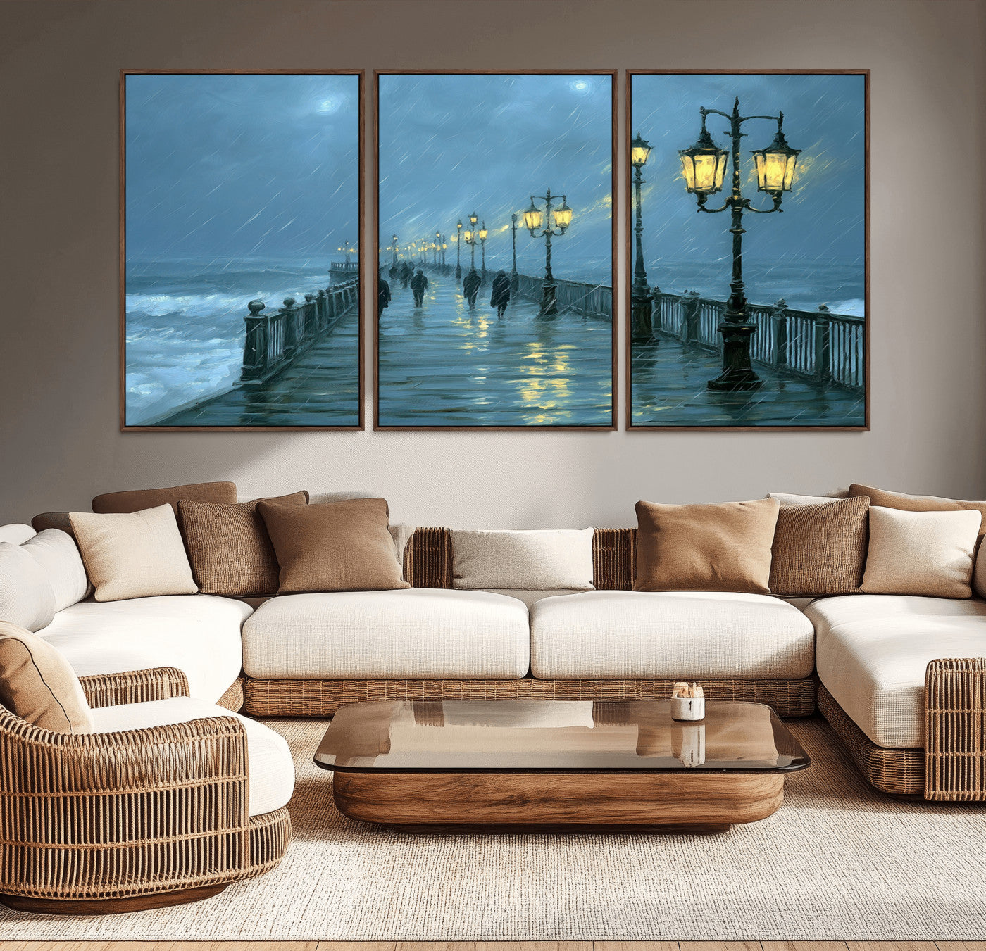 79606-MGV-CV-36X24-Rainy Pier Night Wall Art – Ocean Waves and Street Lamps Canvas Print, Moody Seascape Oil Painting Poster for Living Room,