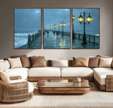 79606-MGV-CV-36X24-Rainy Pier Night Wall Art – Ocean Waves and Street Lamps Canvas Print, Moody Seascape Oil Painting Poster for Living Room,