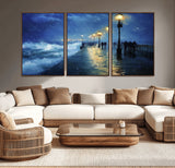 94571-MGV-CV-36X24-Seaside Night Wall Art – Ocean Waves and Street Lamps Canvas Print, Rainy City Pier Oil Painting Poster for Living Room, Bedroom,
