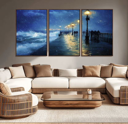 94571-MGV-CV-36X24-Seaside Night Wall Art – Ocean Waves and Street Lamps Canvas Print, Rainy City Pier Oil Painting Poster for Living Room, Bedroom,
