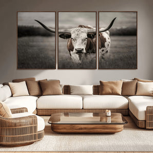 69238-MGV-CV-36X24-Longhorn Bull Wall Art – Rustic Black and White Texas Cattle Canvas Print, Western Farmhouse Animal Photography for Living Room,