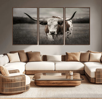 69238-MGV-CV-36X24-Longhorn Bull Wall Art – Rustic Black and White Texas Cattle Canvas Print, Western Farmhouse Animal Photography for Living Room,