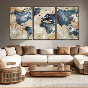 84561-MGV-CV-36X24-World Map Wall Art – Vintage Antique Style Canvas Print, Rustic Blue and Tan Map Painting Poster for Living Room, Bedroom, Office