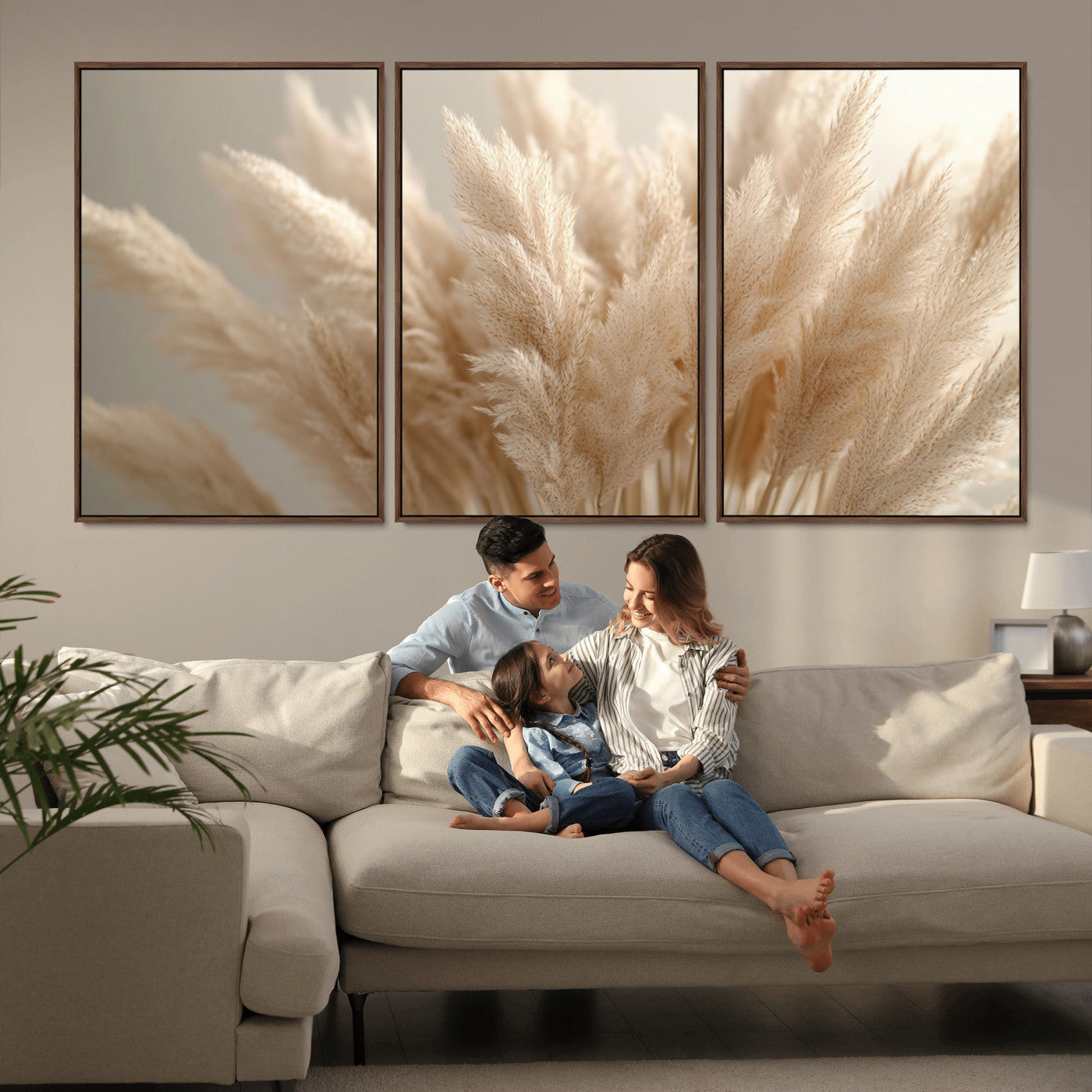 50300-MGV-FC-60X30-3P_Walnut-Pampas Grass Wall Art Canvas Print, Framed Minimalist Pampas Grass Art Picture Print, Beige Pampas Grass Perfect Minimalist Boho