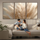 50300-MGV-FC-60X30-3P_Walnut-Pampas Grass Wall Art Canvas Print, Framed Minimalist Pampas Grass Art Picture Print, Beige Pampas Grass Perfect Minimalist Boho