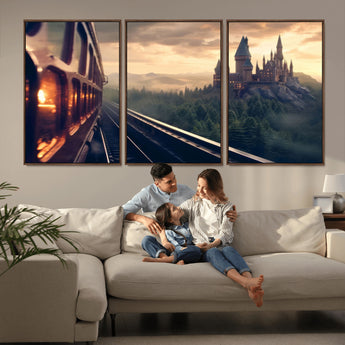 84029-MGV-FC-60X30-3P_Walnut-Fantasy Castle Wall Art – Magical Train Sunset Forest Canvas Print, Enchanted Landscape Painting Poster for Living Room, Bedroom,