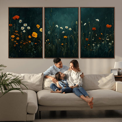 87037-MGV-FC-60X30-3P_Walnut-Wildflower Wall Art – Dark Botanical Floral Canvas Print, Modern Nature Painting Poster with Daisies Poppies Orange Flowers for