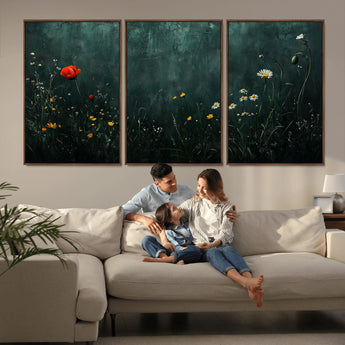 26218-MGV-FC-60X30-3P_Walnut-Wildflower Wall Art – Dark Botanical Floral Canvas Print, Modern Nature Painting Poster with Daisy Poppy Yellow Flowers for Living