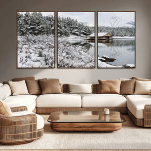 29975-MGV-CV-36X24-Winter Cabin by the Lake Wall Art – Snowy Mountain Landscape Canvas Print, Rustic Lodge Cabin Decor for Cozy Living Room, Bedroom