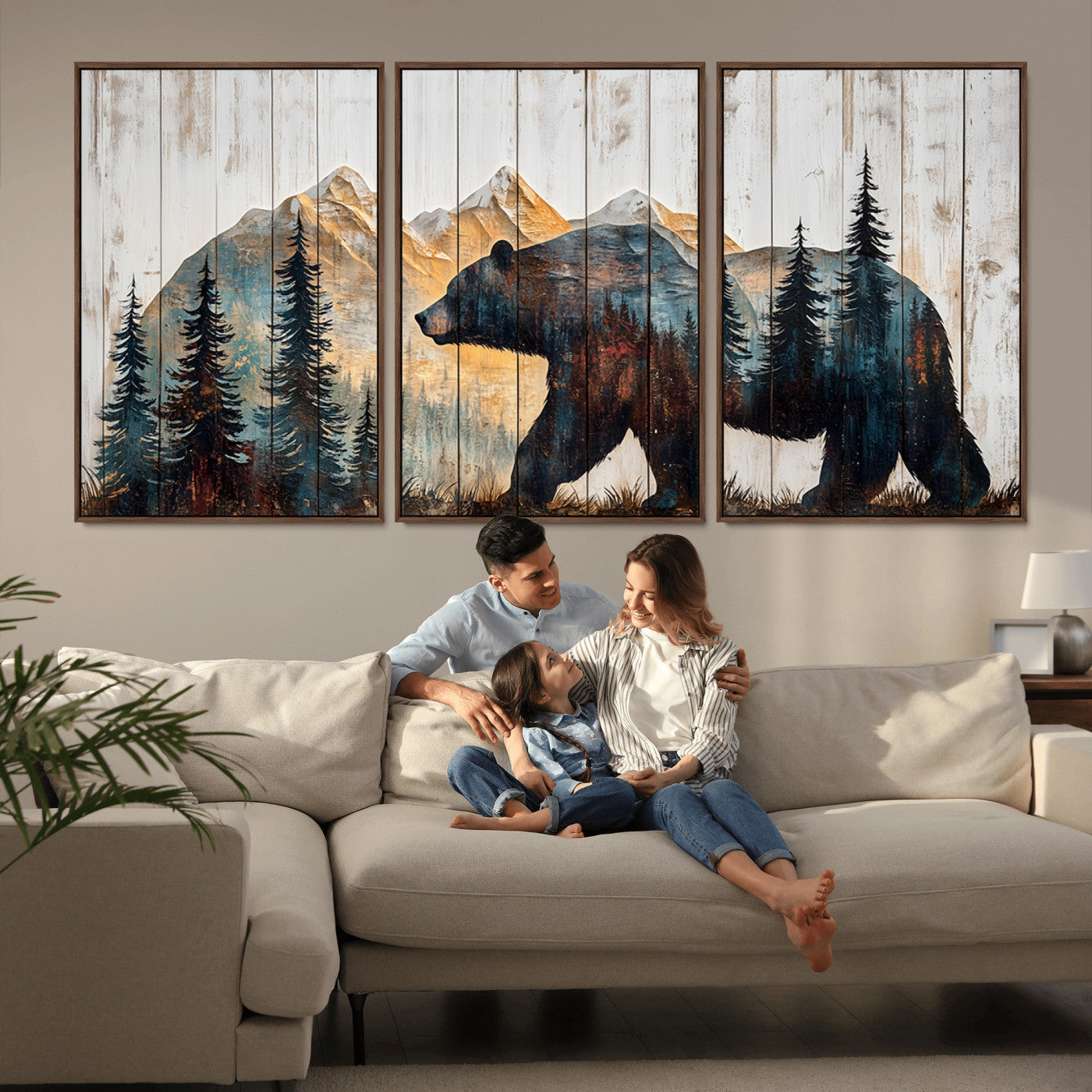 90077-MGV-FC-60X30-3P_Walnut-Wood Grizzly Bear Wall Art Canvas Print, Framed Abstract Bear Art Picture Print, Bear in Forest Perfect Rustic Lodge Decor Artwork