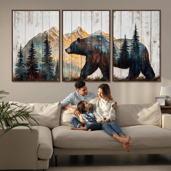 90077-MGV-FC-60X30-3P_Walnut-Wood Grizzly Bear Wall Art Canvas Print, Framed Abstract Bear Art Picture Print, Bear in Forest Perfect Rustic Lodge Decor Artwork