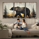 83875-MGV-FC-60X30-3P_Walnut-Sunset Bear Wall Art – Rustic Wildlife Canvas Print with Forest Silhouette, Cabin Lodge Decor for Living Room or Office