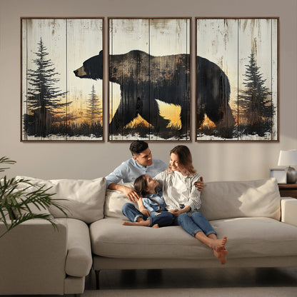 83875-MGV-FC-60X30-3P_Walnut-Sunset Bear Wall Art – Rustic Wildlife Canvas Print with Forest Silhouette, Cabin Lodge Decor for Living Room or Office