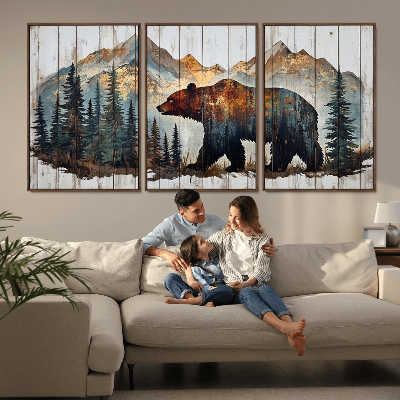 55777-MGV-FC-60X30-3P_Walnut-Rustic Bear Wall Art Canvas Print, Framed Mountain and Forest Art Picture Print, Wooden Bear Perfect Rustic Lodge Decor Artwork