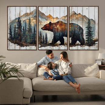 55777-MGV-FC-60X30-3P_Walnut-Rustic Bear Wall Art Canvas Print, Framed Mountain and Forest Art Picture Print, Wooden Bear Perfect Rustic Lodge Decor Artwork