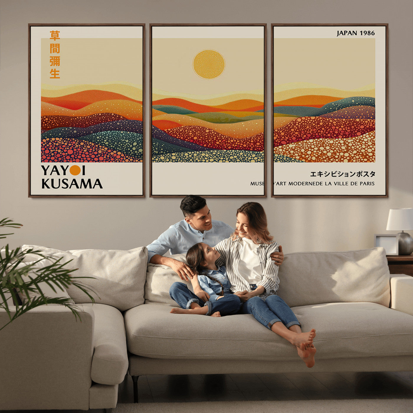 88180-MGV-FC-60X30-3P_Walnut-Yayoi Kusama Landscape Wall Art – Abstract Dotted Mountain Canvas Print, Retro Sun Poster for Modern Living Room, Office or